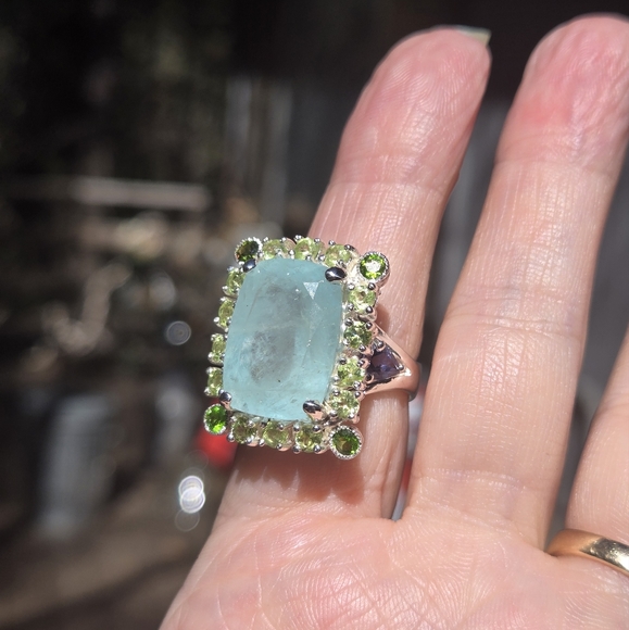Aquamarine 17k Peridot Chrome Diopside & lolite sterling cocktail ring sz7 - Picture 10 of 11